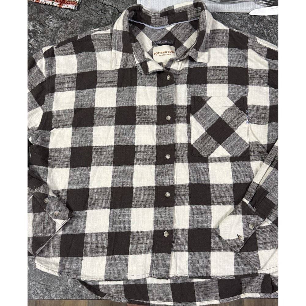 Scotch & Soda Brown Ivory Buffalo Plaid Button Up Long Sleeve Shirt Sz L